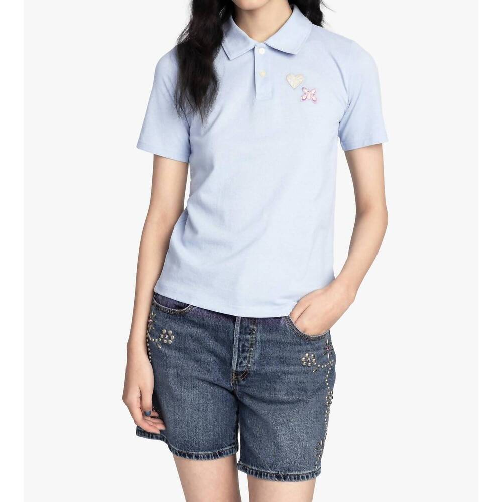 NEW ANNA SUI patch polo tee in baby blue